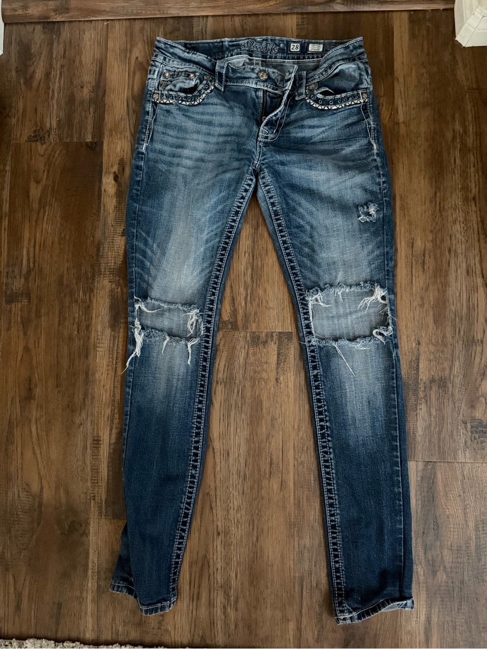 Miss Me Distressed Straight Leg Jeans - Blue